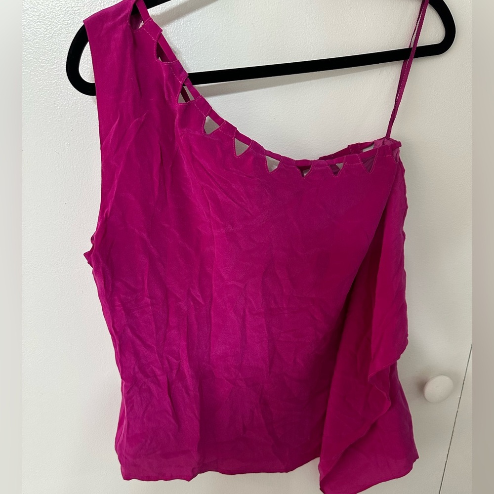 Line and Dot Silk Women's Pink One-Shoulder Top